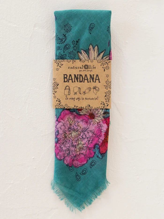 Printed Cotton Bandana - Botanical Teal-view 3
