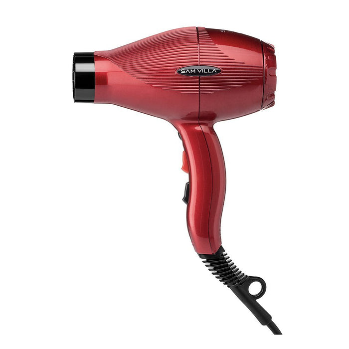 Side profile of the Sam Villa Pro Light Ionic Hair Dryer in Ruby Red showing ergonomic handle and balanced design.