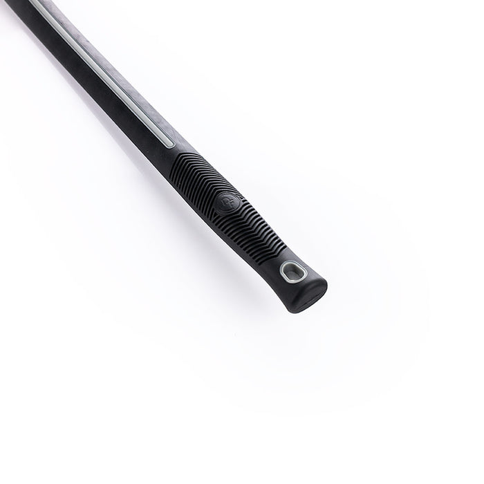 The handle of a black Detail Factory Fender Well Brushy on a white background.