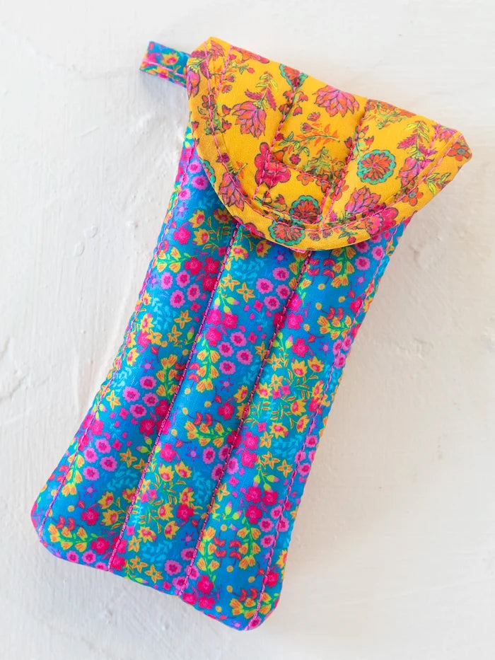Puffy Glasses Case - Neon Turquoise Floral-view 1