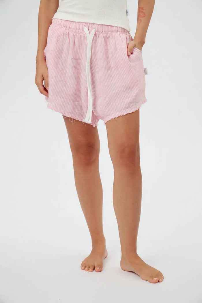 Pure Linen Women's Shorts in pink and white stripes with a white drawstring