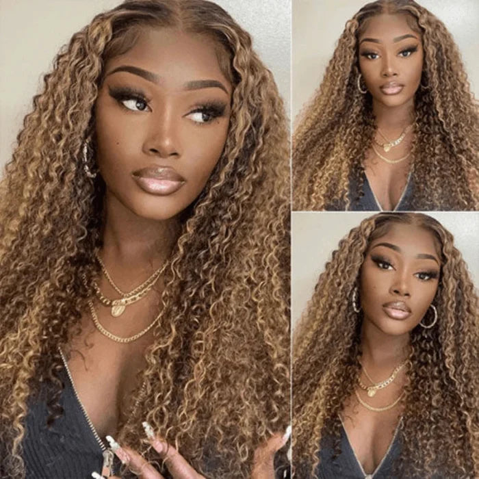 full-bodied kinky curly wear and go glueless wig with color highlights