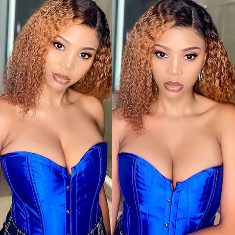 natural black women’s ombre curly short bob wigs, Brazilian 1B/30 human hair lace frontal bob wigs