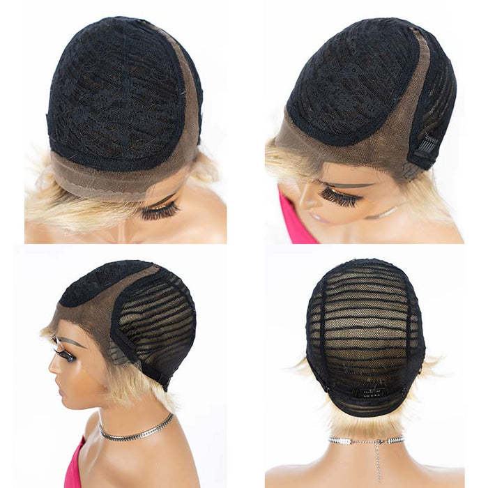 QVR TikTok Pixie Cut Style Short Hair Highlight T4/613 Color T Part Lace Frontal Human Hair Wig