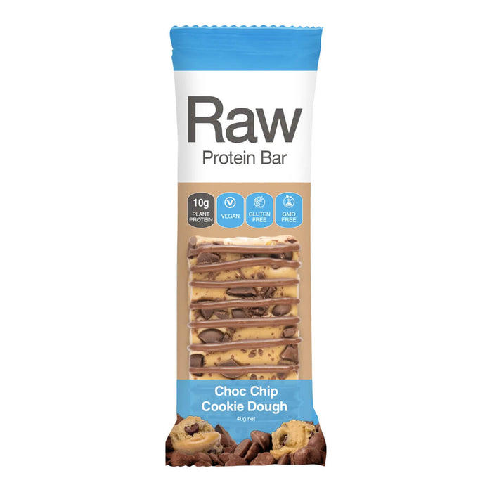 Front packaging of choc chip cookie dough flavoured vegan protein bar.