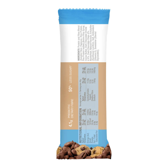 Back packaging of choc chip cookie dough flavoured vegan protein bar.