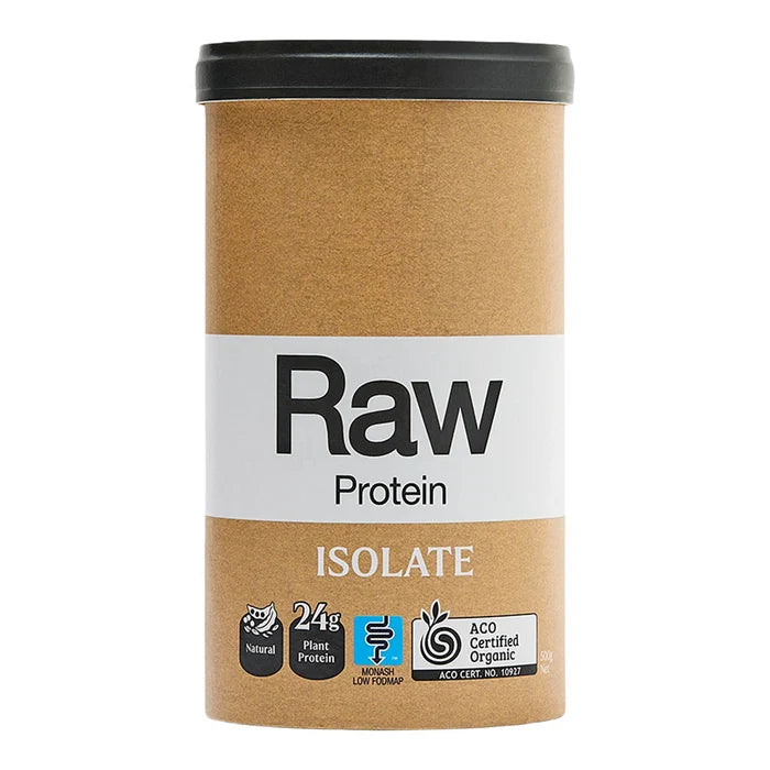 500g Container of Raw Protein Isolate with 24g plant protein, monash low fodmap logo, ACO certified organic logo on a white background