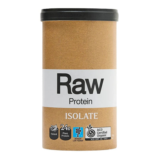 500g Container of Raw Protein Isolate with 24g plant protein, monash low fodmap logo, ACO certified organic logo on a white background