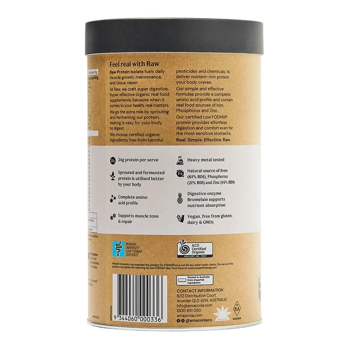 Back label of a protein supplement container with product benefits & information.