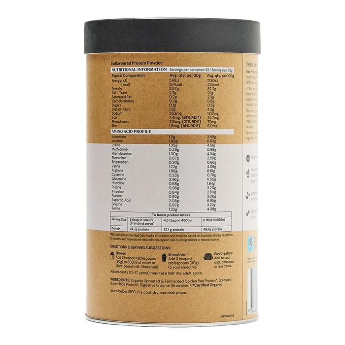 Protein powder container with nutritional information and usage instructions on a white background.