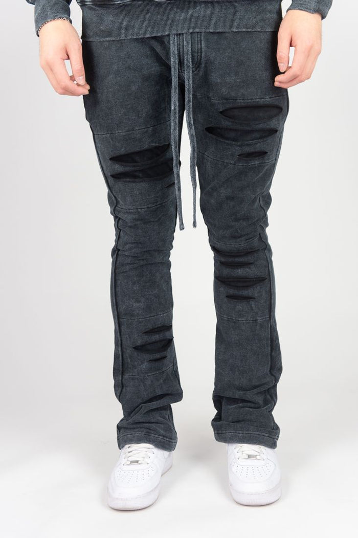 REBEL MIND RIPPED STACKED FLEECE PANT - 100-412- WASH BLACK