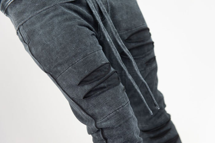 REBEL MIND RIPPED STACKED FLEECE PANT - 100-412- WASH BLACK