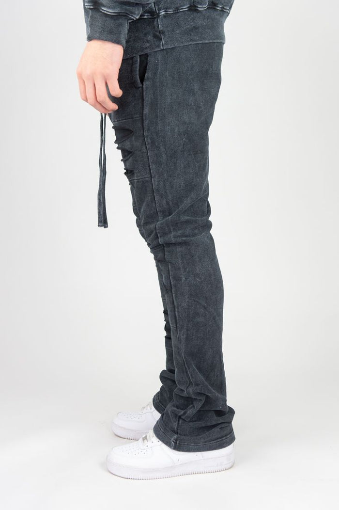 REBEL MIND RIPPED STACKED FLEECE PANT - 100-412- WASH BLACK