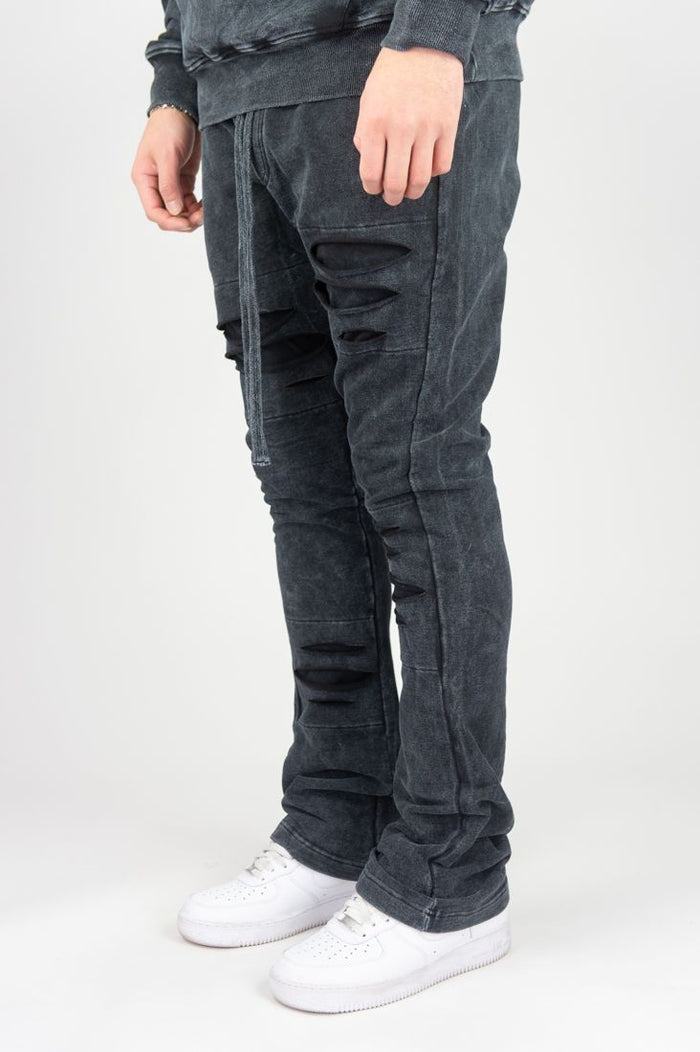 REBEL MIND RIPPED STACKED FLEECE PANT - 100-412- WASH BLACK