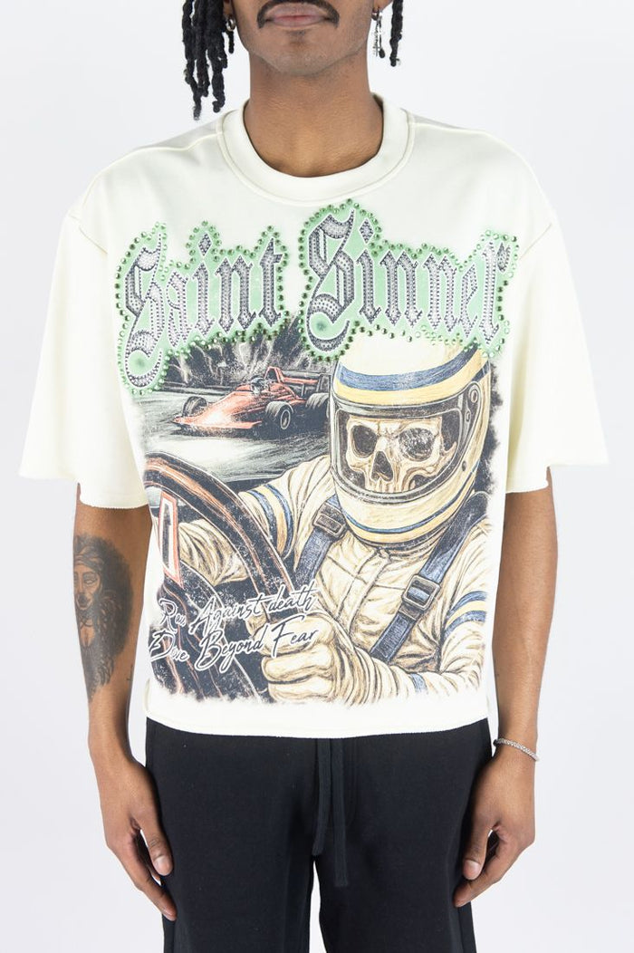 REBEL MIND "SAINT SINNER DRIVER" RHINSTONE T-SHIRT - 610-11170