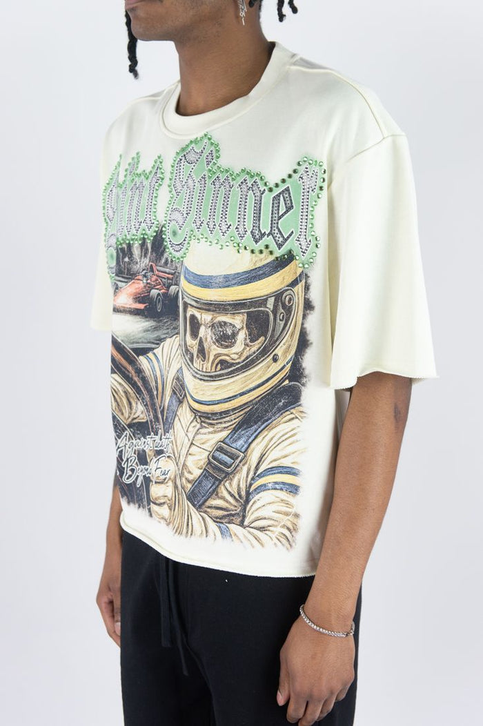 REBEL MIND "SAINT SINNER DRIVER" RHINSTONE T-SHIRT - 610-11170