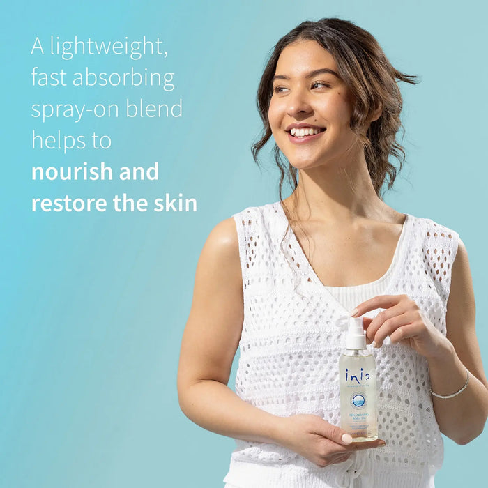 Woman holding a bottle of inis product with text about its benefits on a blue background