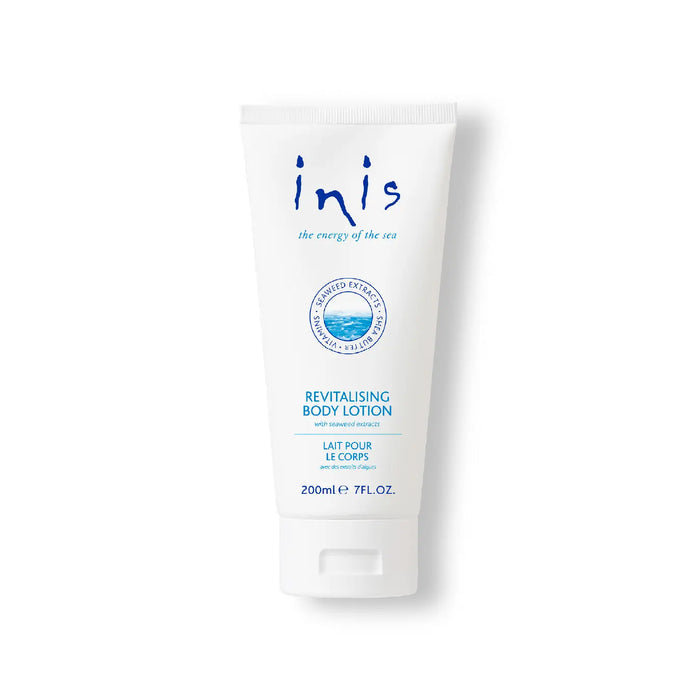 White tube of inis revitalizing body lotion on a white background