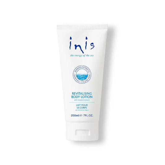 White tube of inis revitalizing body lotion on a white background