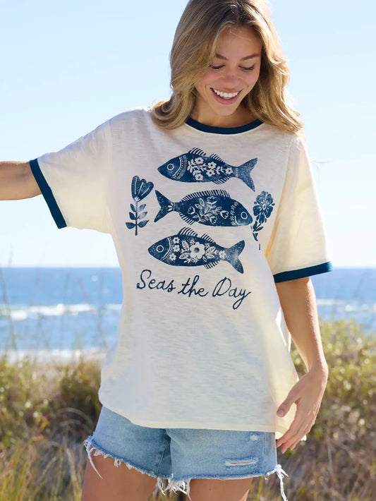 Ringer Oversized Tee Shirt - Seas The Day-view 1