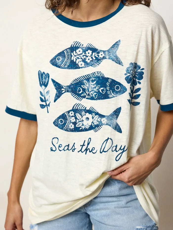 Ringer Oversized Tee Shirt - Seas The Day-view 2