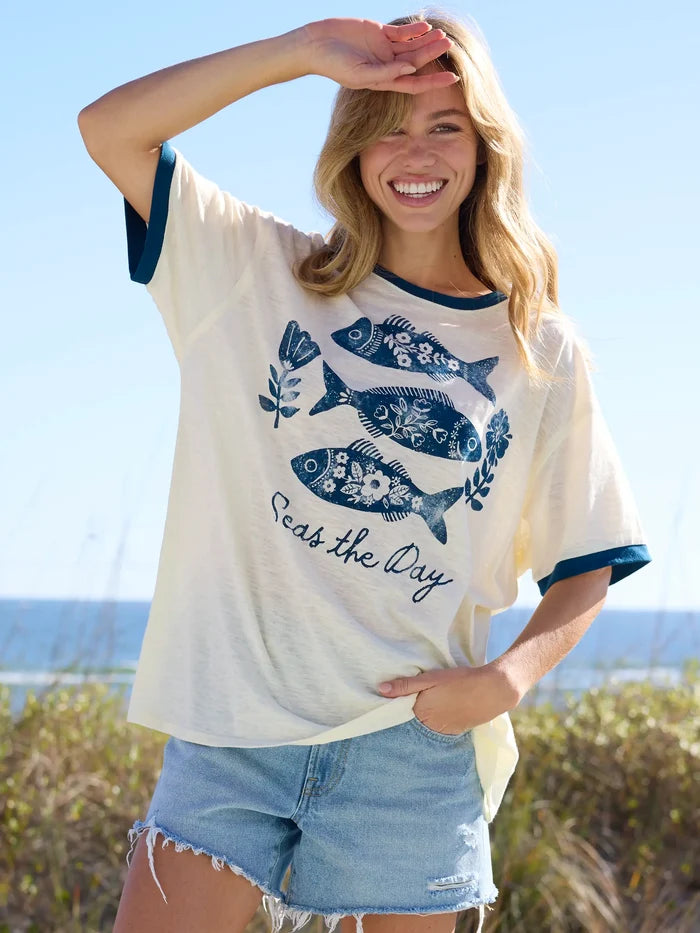 Ringer Oversized Tee Shirt - Seas The Day-view 4