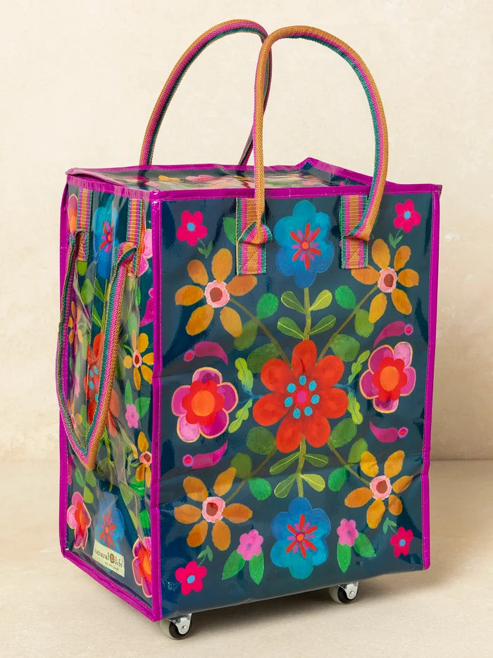 Rolling Tote Bag - Teal Folk Flower-view 2