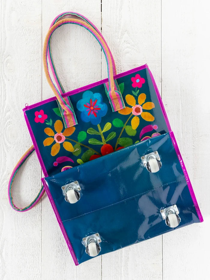 Rolling Tote Bag - Teal Folk Flower-view 5