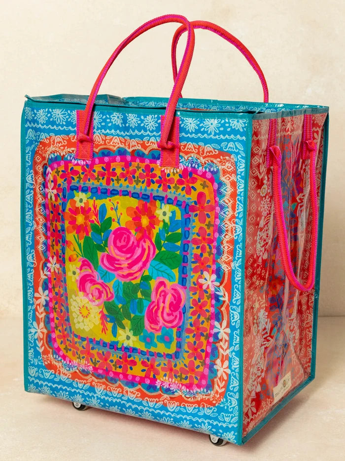 Rolling Tote Bag - XL Teal Flower Bouquet-view 2