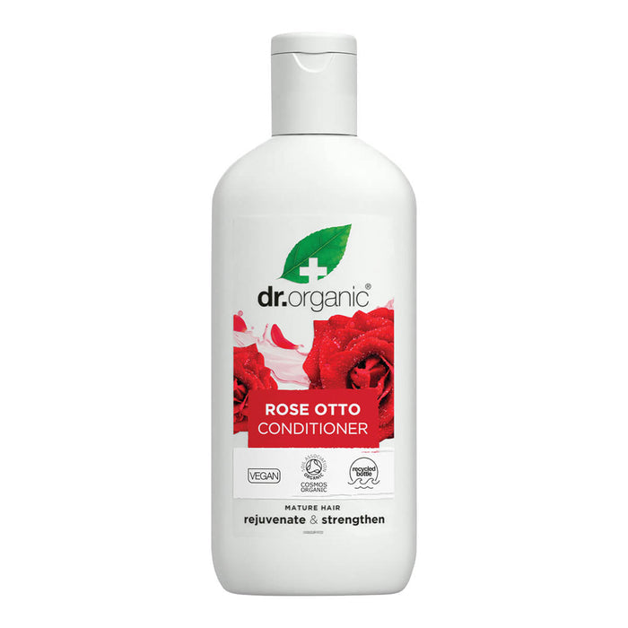 265ml bottle Dr. Organic Rose Otto Conditioner ideal for dry, dull, and dehydrated hair.