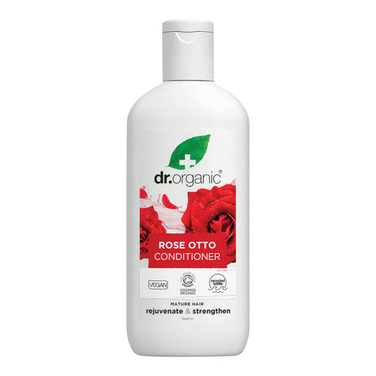 265ml bottle Dr. Organic Rose Otto Conditioner ideal for dry, dull, and dehydrated hair.