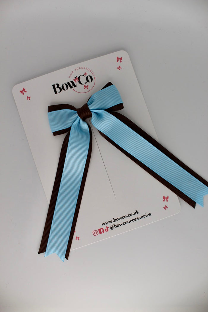School Blue Topaz and Brown Tuxedo Tails Bow – Clip