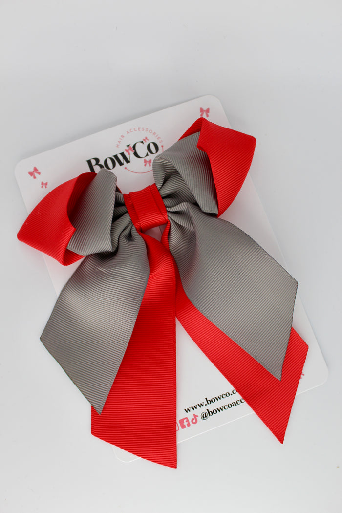School Bow - Red and Metal Grey - Loop Tail Hair Bow - Clip