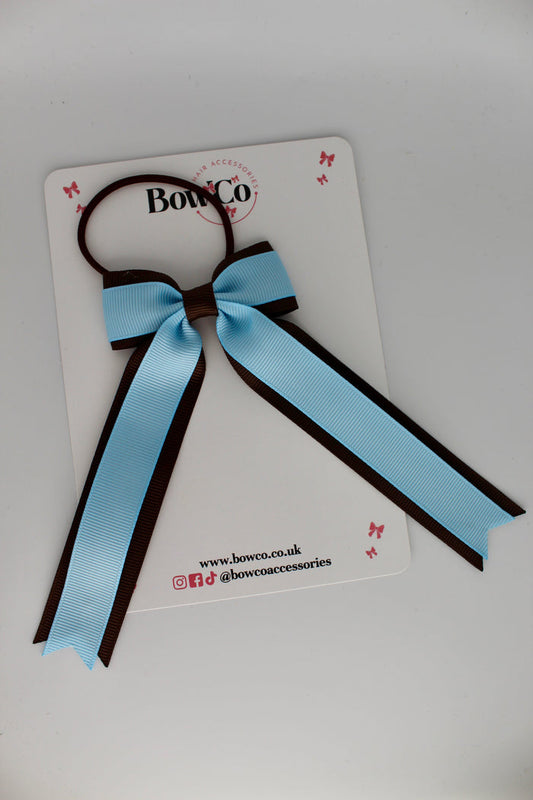 School Bow Blue Topaz and Brown - Tuxedo Tails Bow - Elastic