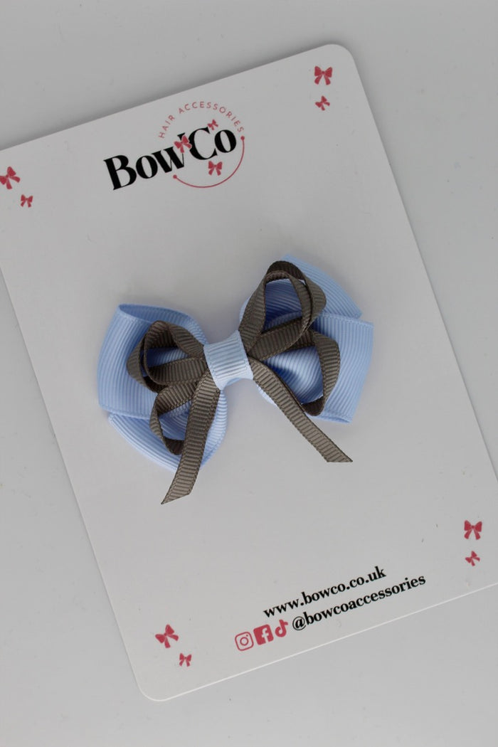 School Bow Bluebell and Metal Grey - Double Bow - Clip
