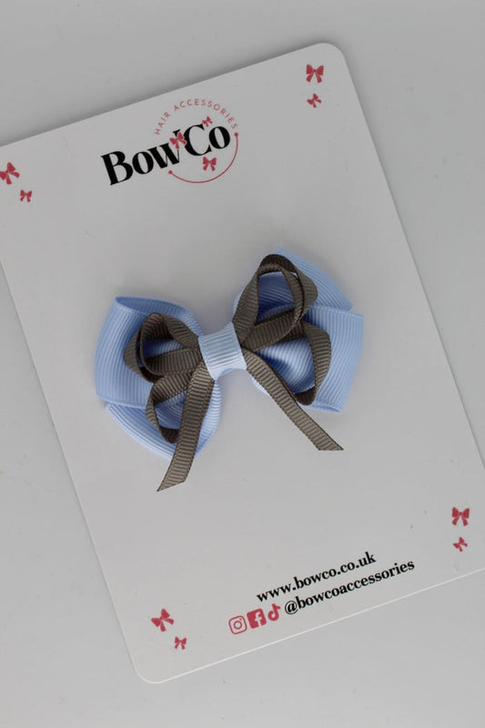 School Bow Bluebell and Metal Grey - Double Bow - Clip