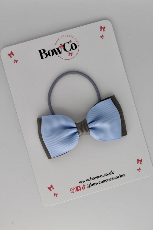 School Bow Bluebell and Metal Grey - Double Lapel Bow - Elastic