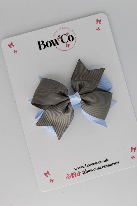 School Bow Bluebell and Metal Grey - Layer Tail Bow - Clip