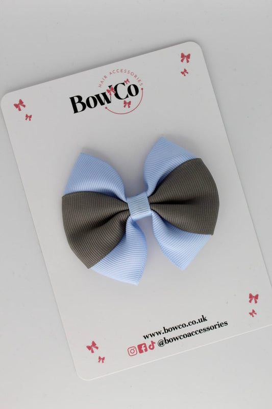 School Bow Bluebell and Metal Grey - Round Tuxedo Bow Set - Clip