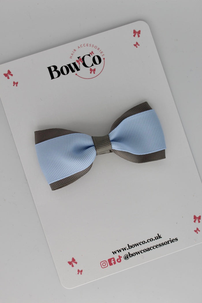 School Bow Bluebell and Metal Grey - Tuxedo Bow - Clip
