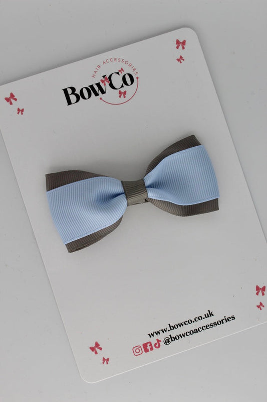 School Bow Bluebell and Metal Grey - Tuxedo Bow - Clip