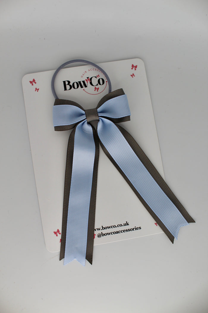 School Bow Bluebell and Metal Grey - Tuxedo Tails Bow - Elastic