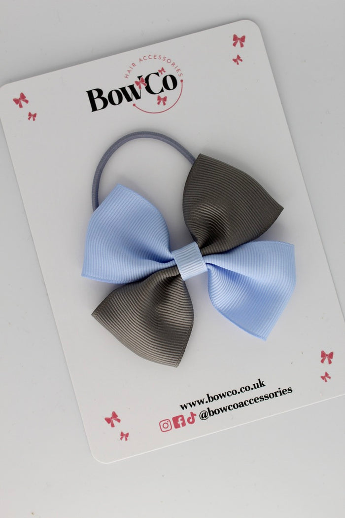School Bow Bluebell and Metal Grey - Twist Bow - Elastic