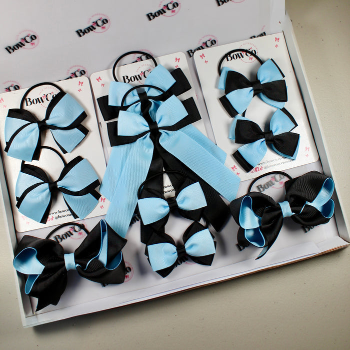 School Bow Bundle Saver - 10 Pack - Black and Blue Topaz - Elastic