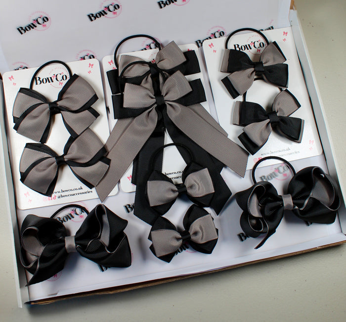School Bow Bundle Saver - 10 Pack - Black and Grey - Elastic