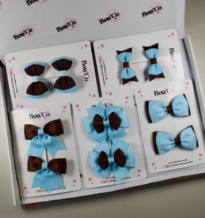 School Bow Bundle Saver - 10 Pack - Blue Topaz and Brown - Clip