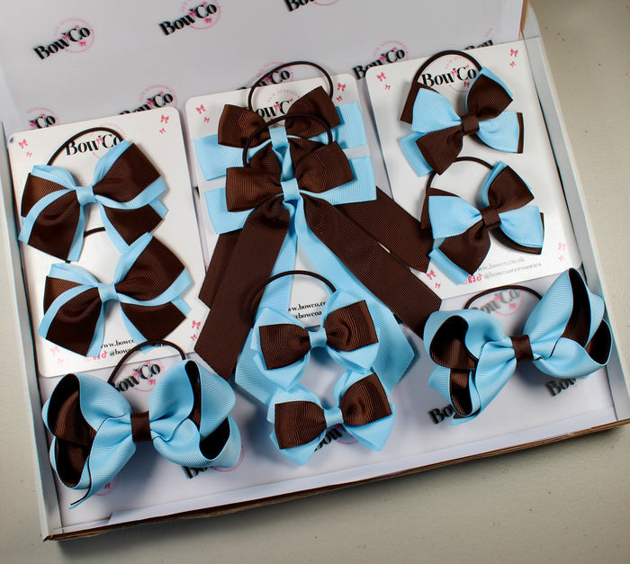 School Bow Bundle Saver - 10 Pack - Blue Topaz and Brown - Elastic