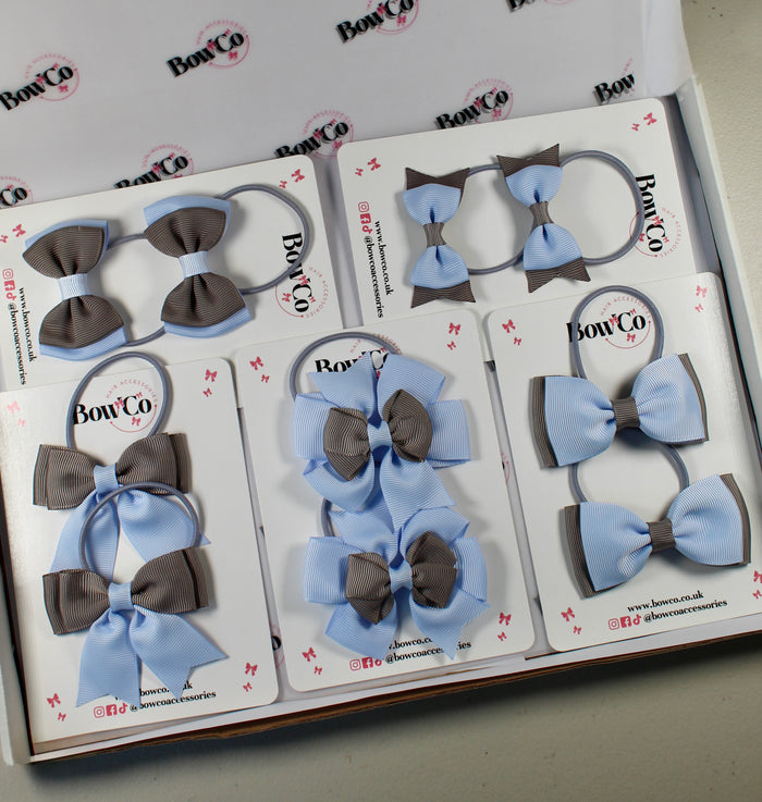 School Bow Bundle Saver - 10 Pack - Bluebell and Grey - Elastic