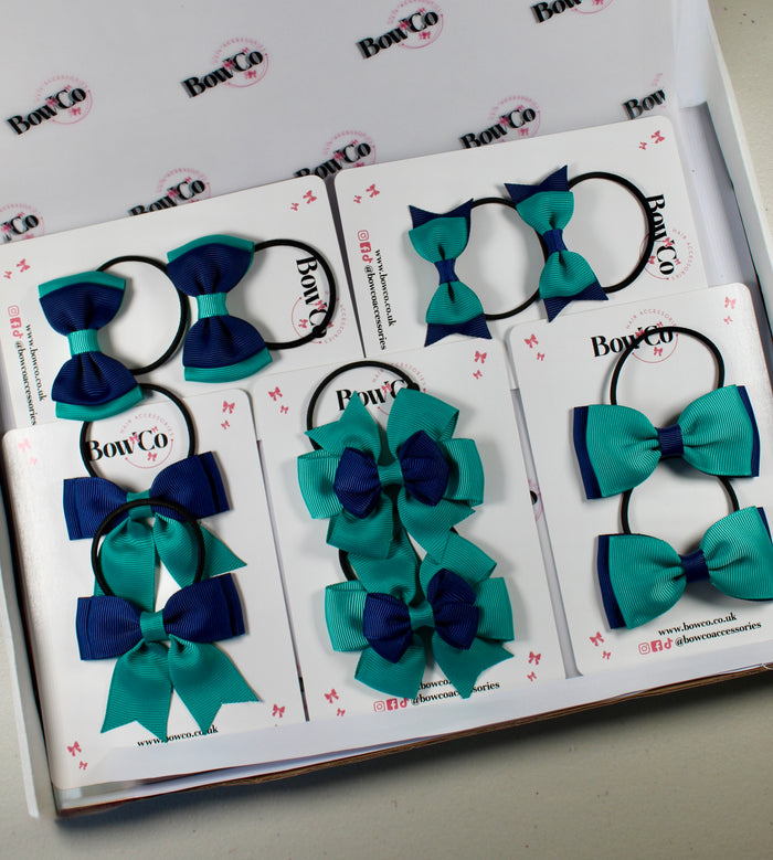 School Bow Bundle Saver - 10 Pack - Jade Green and Navy Blue - Elastic