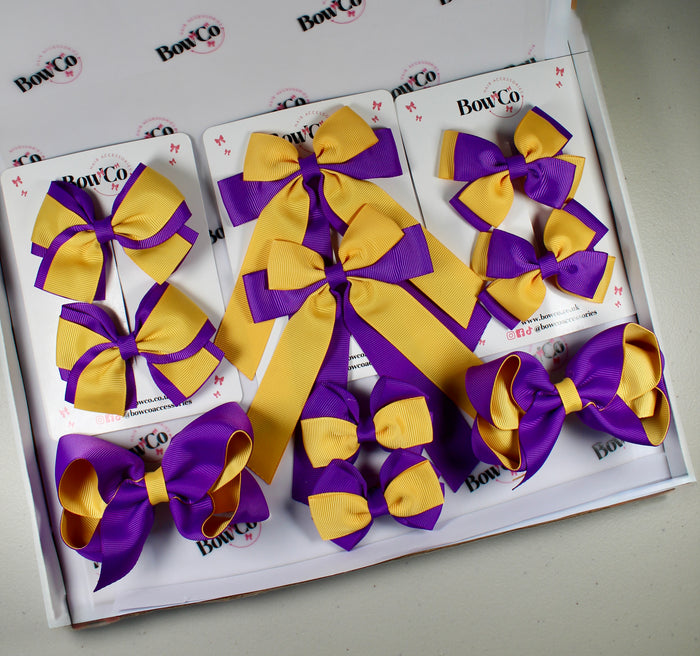 School Bow Bundle Saver - 10 Pack - Purple and Yellow Gold - Clip
